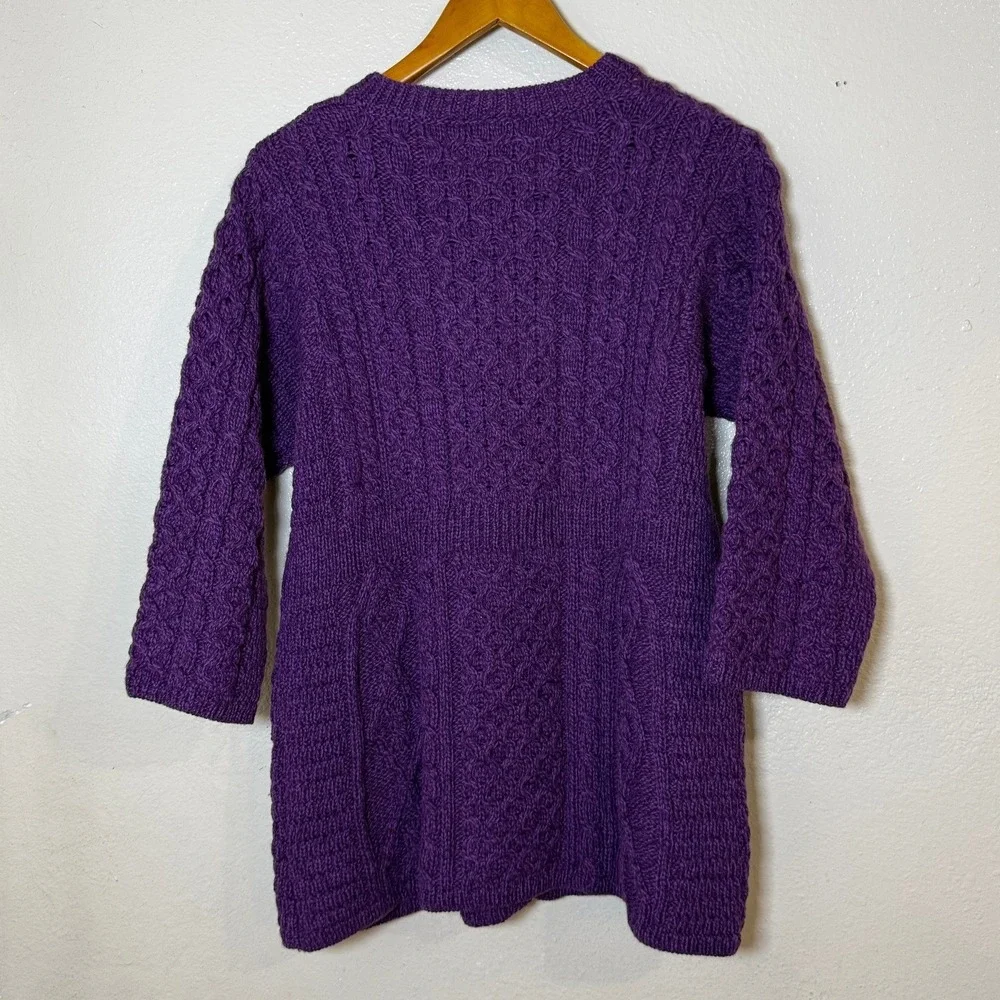 Kilronan Knitwear Women Cardigan‎ S Purple Merino Wool Irish Aran Cable Knit - Picture 6 of 10